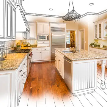 Drawing and picture of a kitchen merged into one image